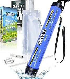 BAYTIZ ® Paille Filtrante de Survie + Gourde Souple | Materiel Militaire Kit Voyage Filtre Eau Mini Pompe Randonnée Ration de Combat Robinet Purificateur Sac Charbon Camping Bouteille Poche Complet